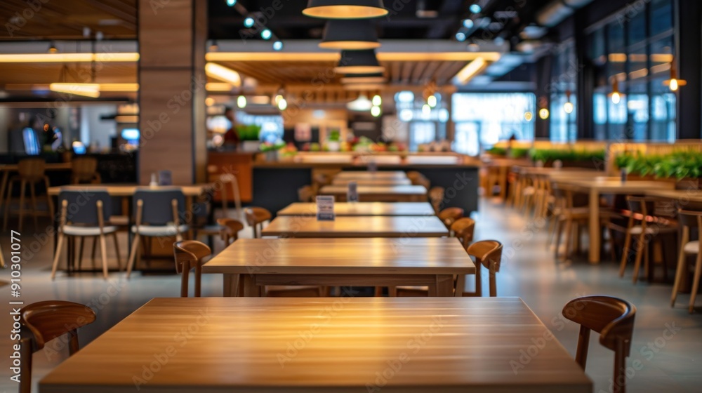 Wooden dining table in an empty food court interior with a wooden table and warm, comfortable lighting. Background image Wooden dining table in an empty food court interior with a wooden table and warm, comfortable lighting. Background image