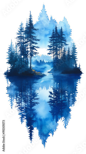 A serene landscape featuring a tranquil lake, blue hues, and reflections of trees, perfect for nature and relaxation themes. photo