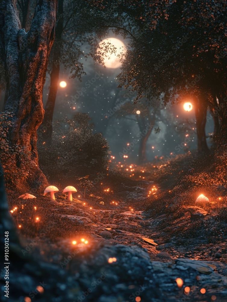 A winding path through dense forest under the starry sky, perfect for use in outdoor adventure or mystery scene illustrations A winding path through dense forest under the starry sky, perfect for use in outdoor adventure or mystery scene illustrations