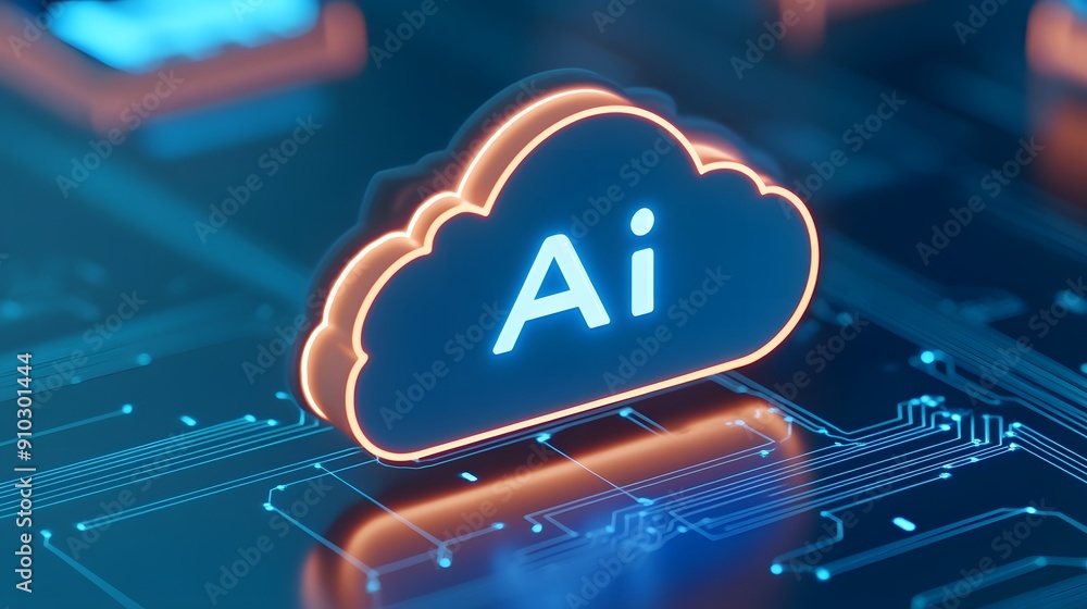 Futuristic concept of artificial intelligence in the cloud, represented by glowing AI icon on a circuit board. Futuristic concept of artificial intelligence in the cloud, represented by glowing AI icon on a circuit board.