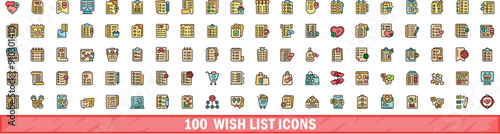 100 wish list icons set. Color line set of wish list vector icons thin line color flat on white
