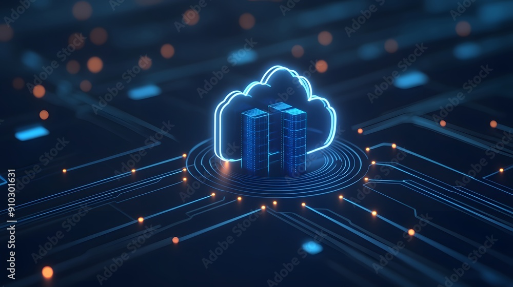 Futuristic concept of cloud computing, digital data storage, and virtual server network in a glowing blue abstract environment. Futuristic concept of cloud computing, digital data storage, and virtual server network in a glowing blue abstract environment.