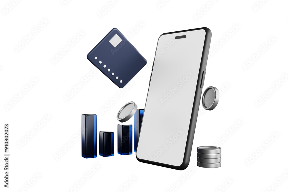 3D rendering of a phone with credit cards on the front and a pile of coins lying next to the phone and floating. Future business concept. Business growth. 3D rendering of a phone with credit cards on the front and a pile of coins lying next to the phone and floating. Future business concept. Business growth.
