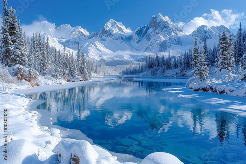 Fototapeta Naklejka Na Ścianę i Meble -  A beautiful lake surrounded by snow and trees.