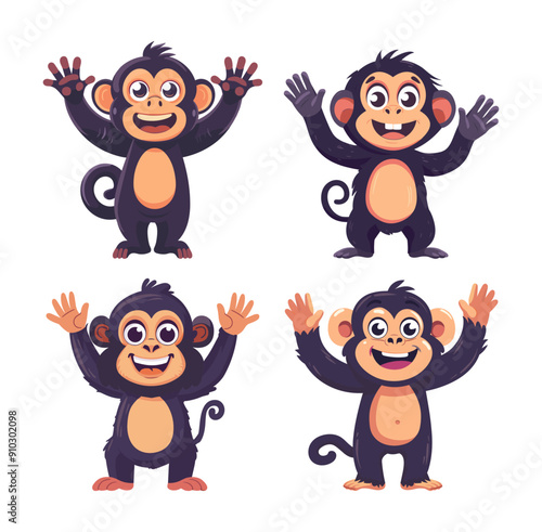 Apes cartoon vector artworks. Monkey fur tail primates smiling hugs hands raised cheerful characters playful figures amusing creatures kids friendly isolated illustrations