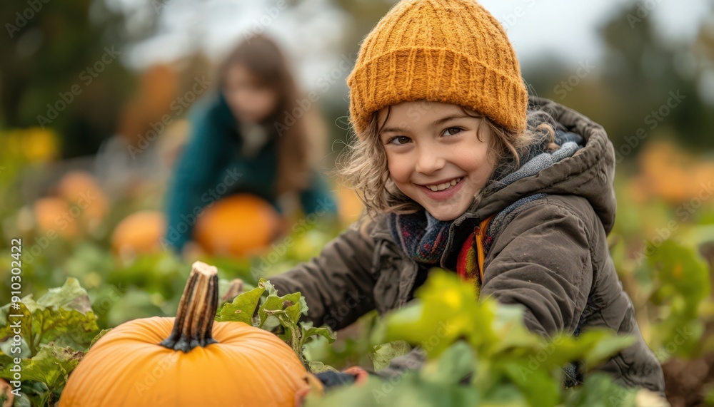 Smiling Child Picking Pumpkins in a Field During Autumn Harvest Season Smiling Child Picking Pumpkins in a Field During Autumn Harvest Season