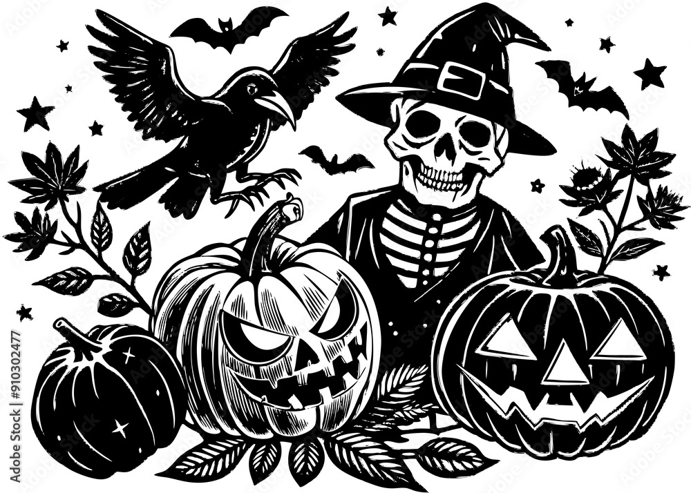 Obraz premium A poster dedicated to Halloween. A stylized human skull in a hat against the background of a full moon and flying bats. The skull is also decorated with a bow tie or pointed collar. A set of Halloween