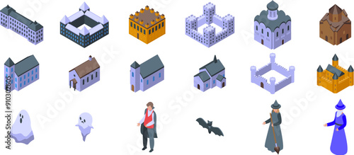 Old castle ghosts icons set. Isometric set of icons including different castles, churches, a dracula, a bat, ghosts and witches