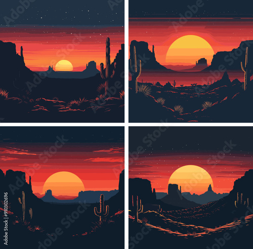 Arid sunset cactus terrain cartoon vector scenes. Dusk hills dust rocks sandstone sky mountain twilight environment evening horizon crimson wild done picturesque illustrations