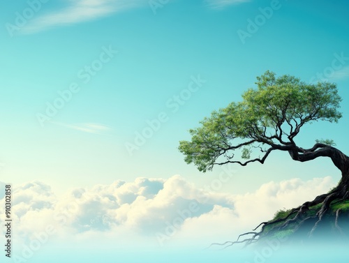 Lone tree standing majestically over serene clouds under brilliant blue sky