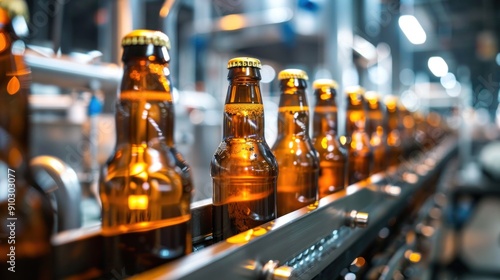 Brown glass beer bottles on a conveyor belt, automatic industrial production, machinery, filling, packaging