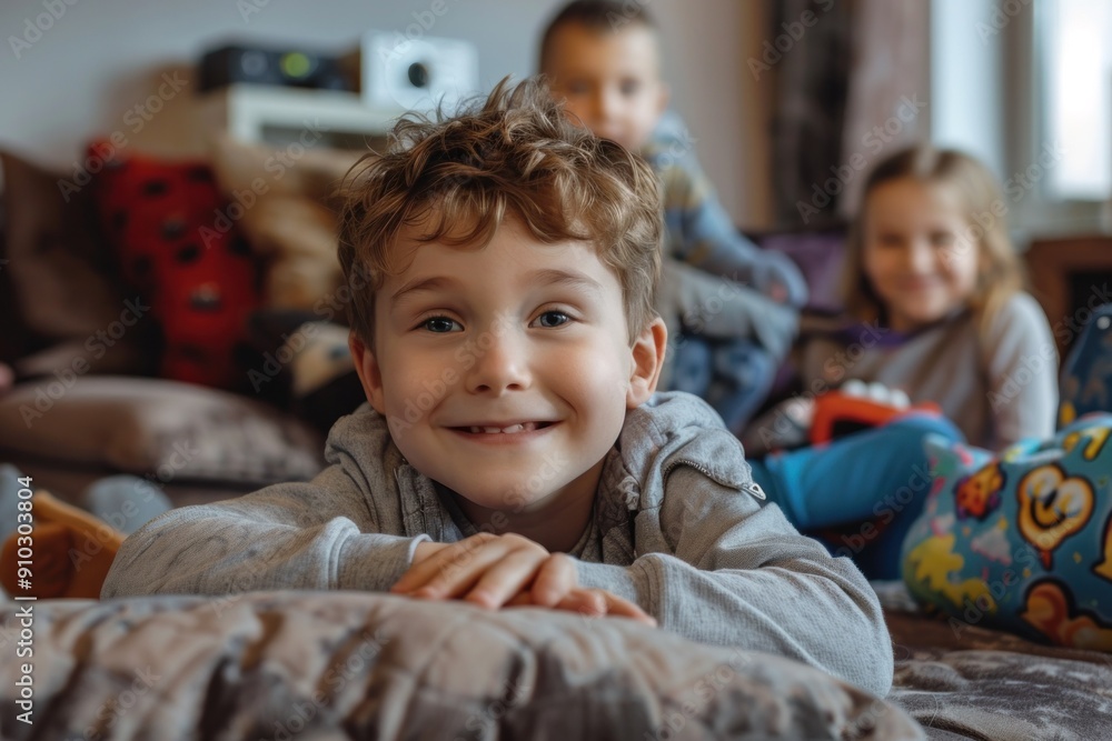 A cheerful little boy lies on a comfortable sofa in a cozy living room. in a modern house A cheerful little boy lies on a comfortable sofa in a cozy living room. in a modern house