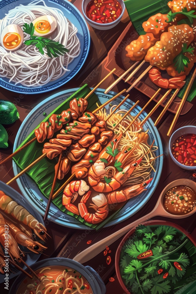 sharp vector illustration featuring a vibrant and appealing presentation famous Singaporean foods sharp vector illustration featuring a vibrant and appealing presentation famous Singaporean foods