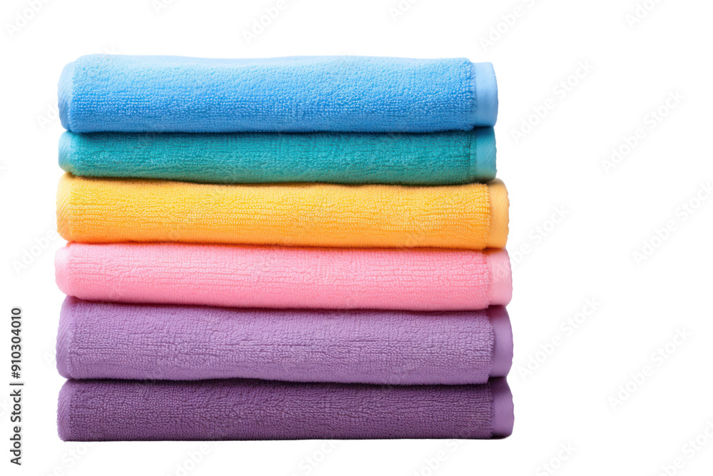neatly folded stack of colorful hand towels on a shelf, Isolated on white background neatly folded stack of colorful hand towels on a shelf, Isolated on white background