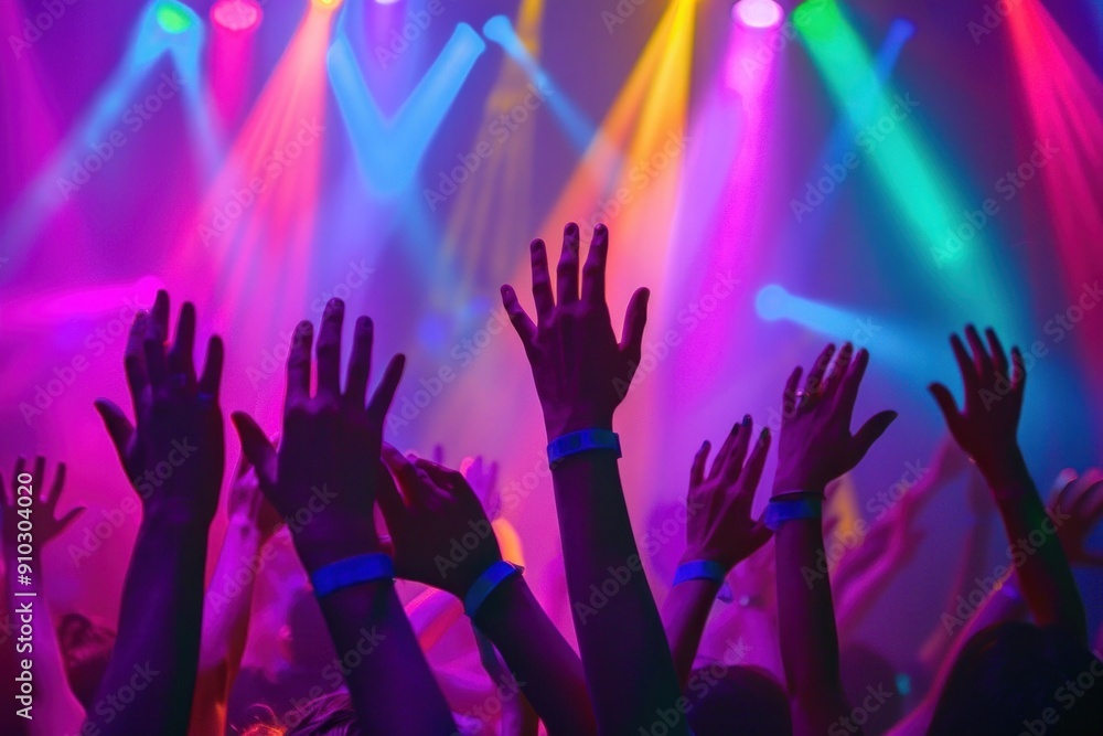 Crowd dancing in the club Happily having fun by raising your hands with neon lights background image Crowd dancing in the club Happily having fun by raising your hands with neon lights background image