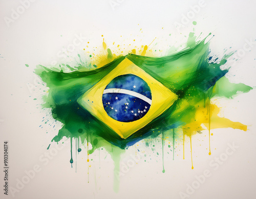 Pintura aguada em aquarela nas cores verde e amarela de uma bandeira do Brasil.