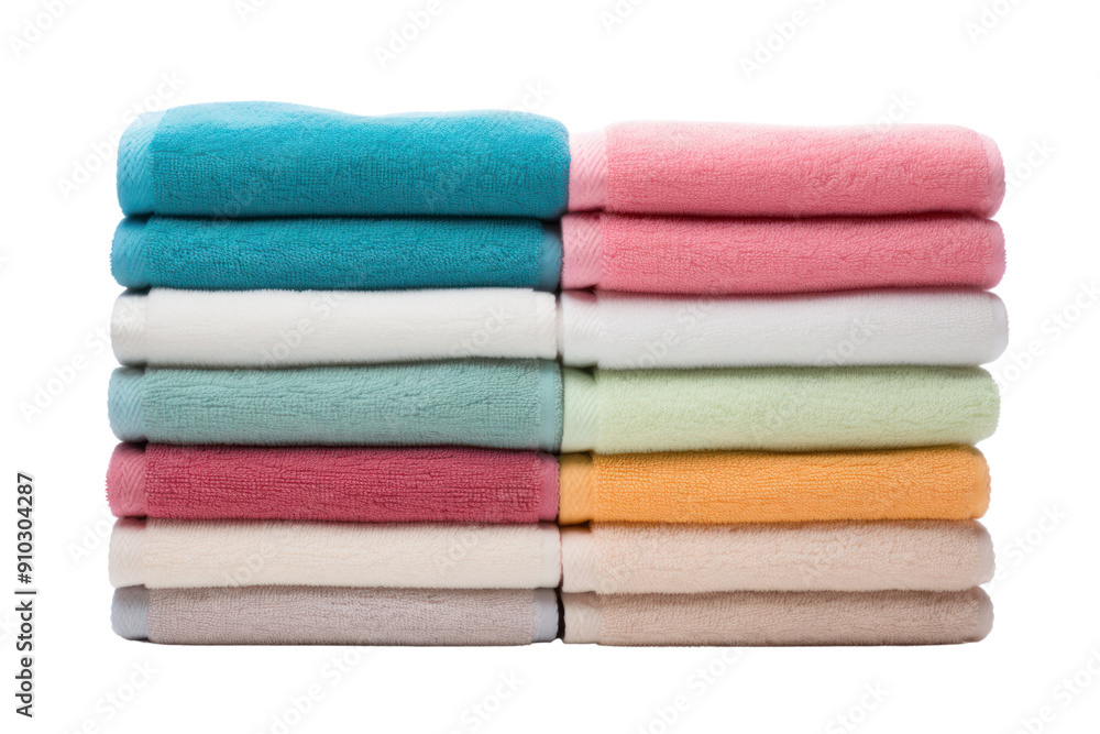 neatly arranged set of bath towels in different colors and sizes, Isolated on white background neatly arranged set of bath towels in different colors and sizes, Isolated on white background