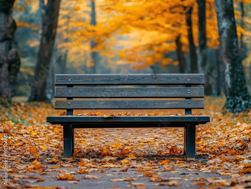 Tranquil Park Bench in Autumn Forest with Vibrant Orange and Yellow Leaves Covering the Ground