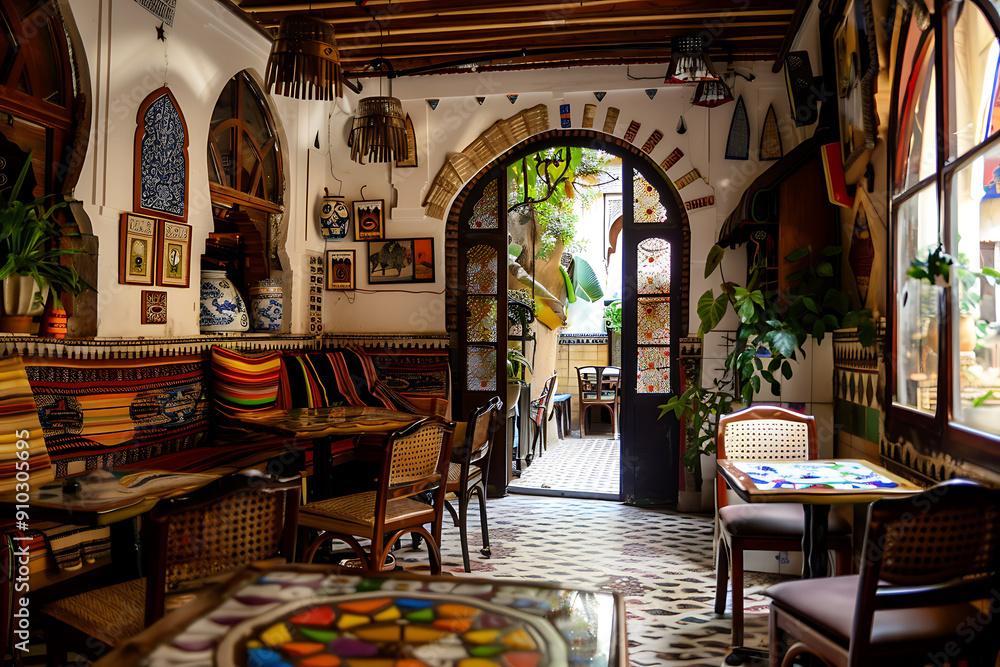 Obraz premium Colorful Moroccan cafe interior with warm brown, blue, and green tones, inviting you to relax and enjoy the vibrant atmosphere. 