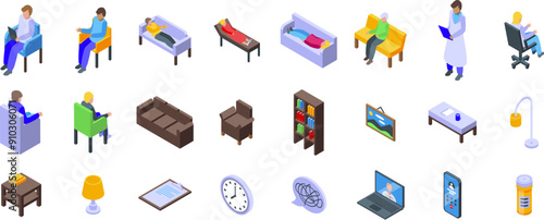 Psychologist office icons set. Psychotherapy treatment icons set, isometric style, various symbols of psychology and mental health