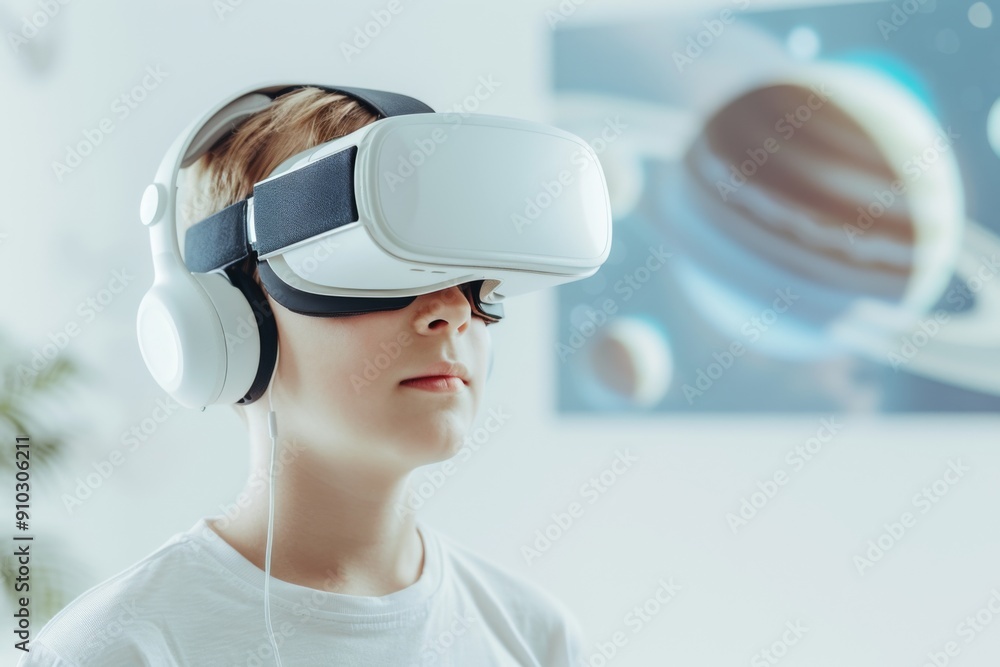 Young Boy Engaged in Virtual Reality Space Exploration Experience Young Boy Engaged in Virtual Reality Space Exploration Experience