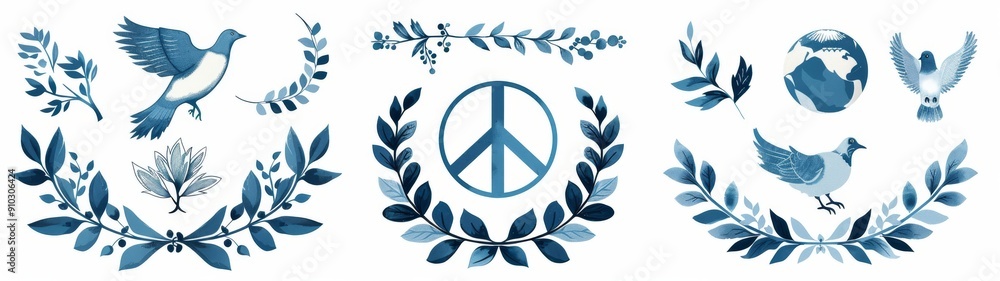 peace elements, including a peace symbol, a dove carrying an olive branch, a globe, and a laurel wreath peace elements, including a peace symbol, a dove carrying an olive branch, a globe, and a laurel wreath