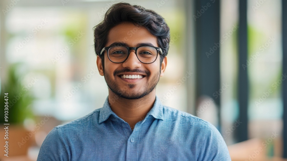 Obraz premium A person with glasses and a blue shirt smiles, providing a friendly and approachable expression