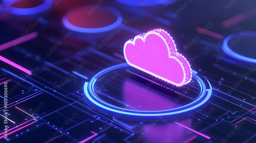 Futuristic digital concept showcasing cloud computing technology with glowing neon lights and abstract circuit patterns. Futuristic digital concept showcasing cloud computing technology with glowing neon lights and abstract circuit patterns.