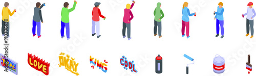 Graffiti painter icons set. Diverse group of young people are expressing themselves through street art, using spray paint to create vibrant graffiti on a wall