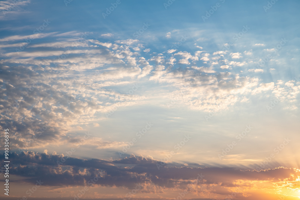 Beautiful sunset or sunrise, sky with clouds, sun rays breaking through the clouds, magical, fabulous natural background, serenity and calm Beautiful sunset or sunrise, sky with clouds, sun rays breaking through the clouds, magical, fabulous natural background, serenity and calm