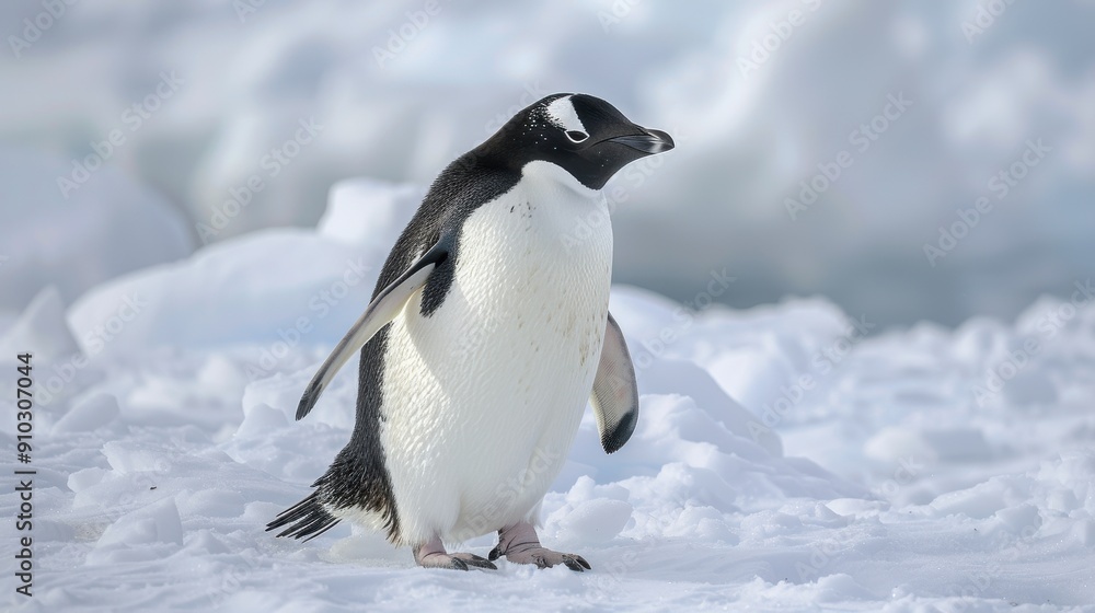 Naklejka premium Penguin Standing on Snowy Antarctic Ice.