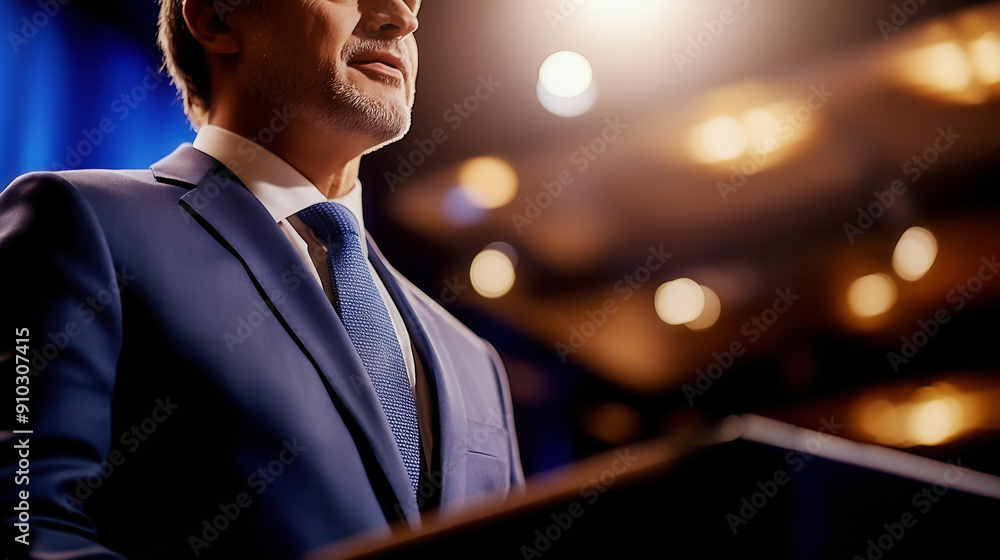 Professional speaker giving a presentation at a conference, wearing a suit and tie under warm stage lighting. Professional speaker giving a presentation at a conference, wearing a suit and tie under warm stage lighting.