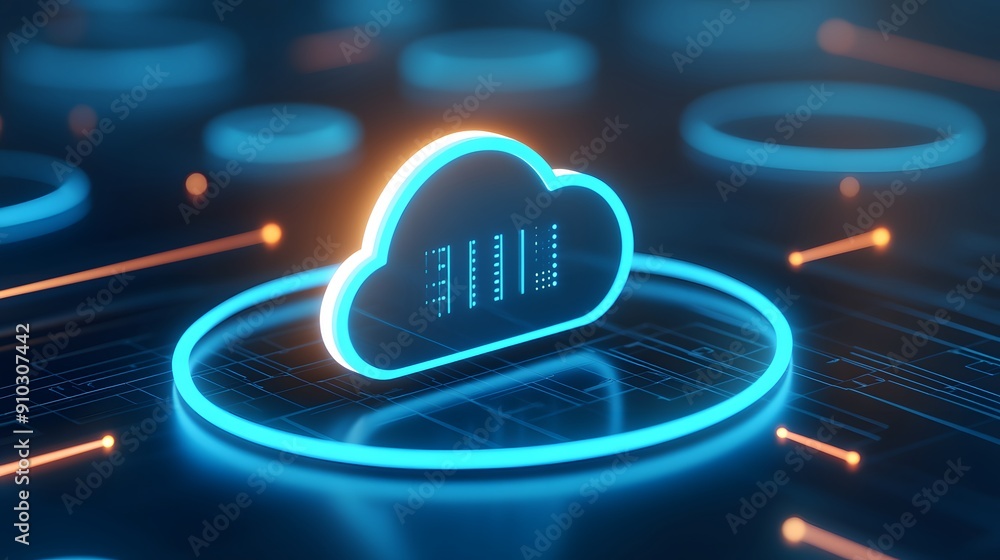 Futuristic digital representation of cloud computing technology, glowing neon cloud icon with data connections on a dark background. Futuristic digital representation of cloud computing technology, glowing neon cloud icon with data connections on a dark background.