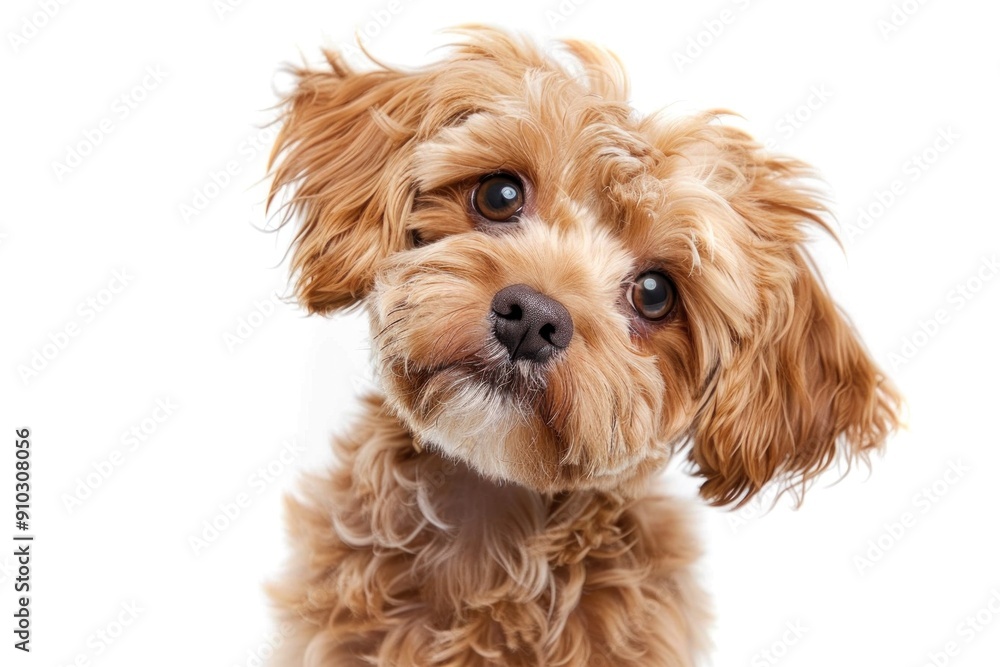 A cute, charming Maltipoo dog with big eyes and brown fur. On a white studio background A cute, charming Maltipoo dog with big eyes and brown fur. On a white studio background
