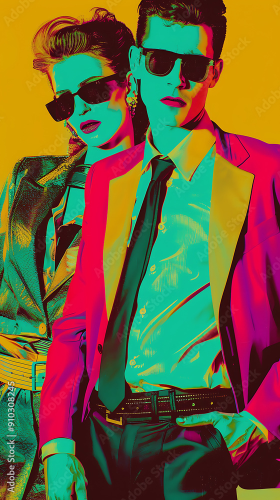 Fototapeta premium A stylish couple in a vibrant, retro-inspired portrait with bold colors, showcasing a modern take on classic fashion. 