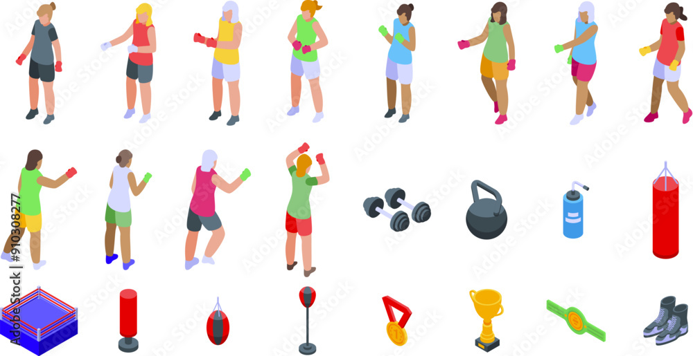 Woman boxing gloves icons set. This colorful set of isometric icons represents women training and exercising with boxing equipment Woman boxing gloves icons set. This colorful set of isometric icons represents women training and exercising with boxing equipment