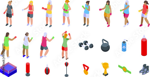 Woman boxing gloves icons set. This colorful set of isometric icons represents women training and exercising with boxing equipment