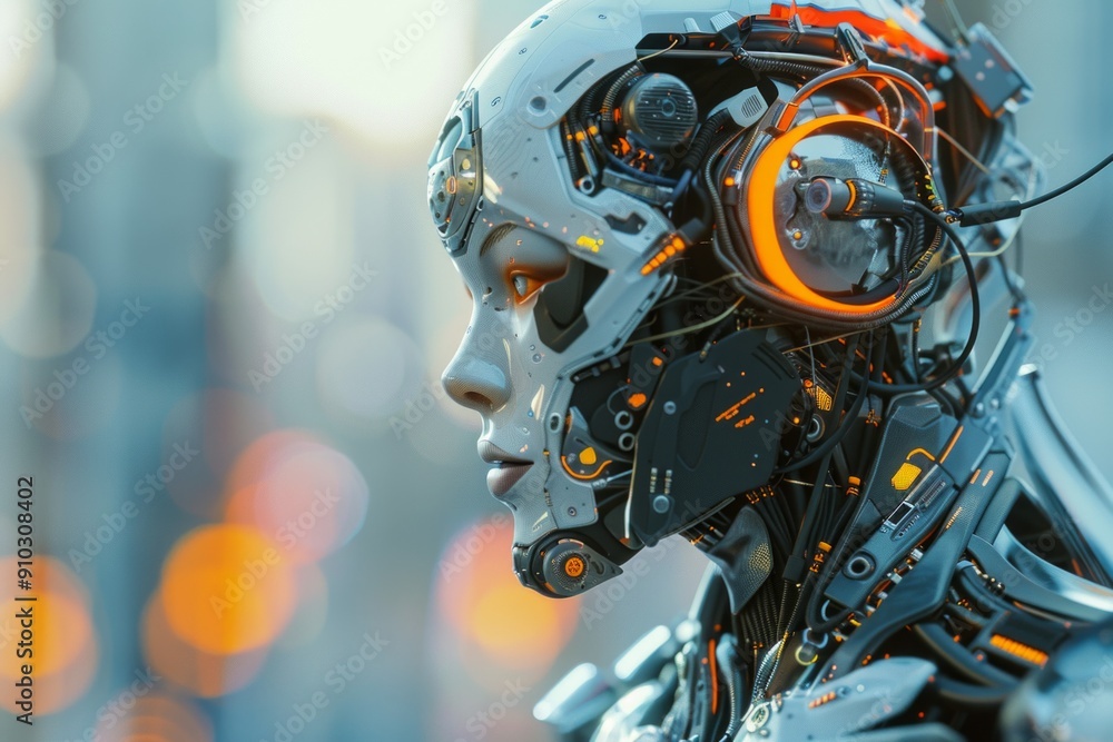 Fototapeta premium Robotic humans with cyber hardware in future technology, supported by artificial intelligence.