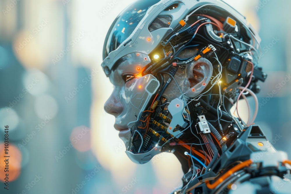 Fototapeta premium Robotic humans with cyber hardware in future technology, supported by artificial intelligence.