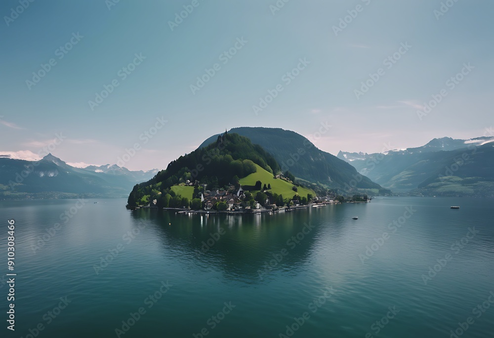 Naklejka premium switzerland aerial day calm beautiful sunny lake view europe lucerne Water Sky Summer Travel Nature City Landscape Sea Mountain Architecture Blue Ocean Vacation Modern Boat Yacht
