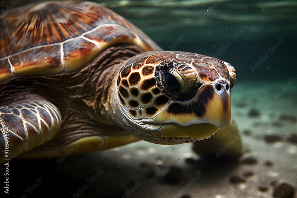 Fototapeta premium Turtle underwater, in the wild. Beautiful extreme close-up.