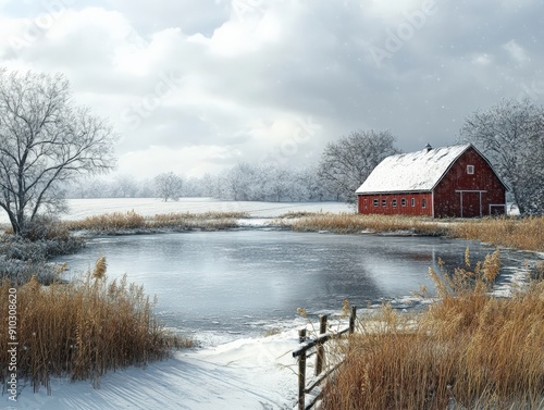 Idyllic Winter Scene with Red Barn by a Frozen Pond in Snowy Countryside