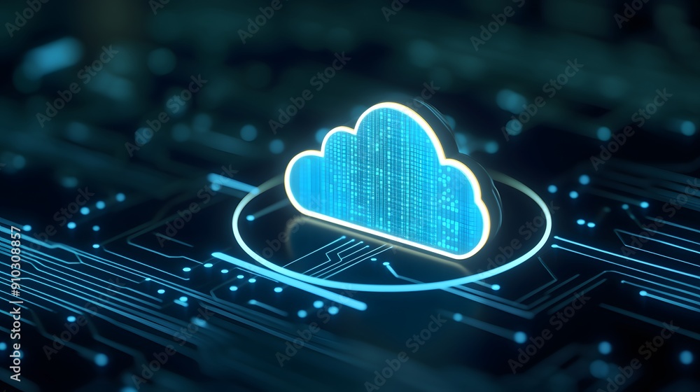 Futuristic glowing cloud icon representing cloud computing and digital data storage over a technical background. Tech innovation concept. Futuristic glowing cloud icon representing cloud computing and digital data storage over a technical background. Tech innovation concept.