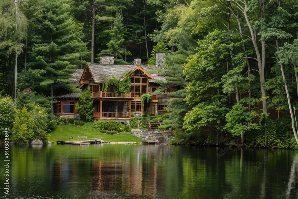 A lakeside house nestled among trees, Imagine the beauty of a serene lakeside retreat surrounded by lush forests., Ai generated A lakeside house nestled among trees, Imagine the beauty of a serene lakeside retreat surrounded by lush forests., Ai generated