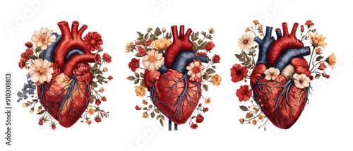 Botanical heart cartoon vector concepts. Circulatory blood vessel body organ stalk blossom foliage flora human love emblem plant blossoming isolated artworks on white background