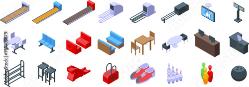 Bowling club interior icons set. Bowling game equipment presenting modern bowling club interior elements with balls pins and shoes
