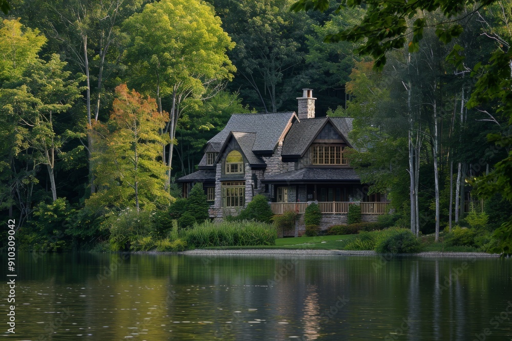 A lakeside house nestled among trees, Imagine the beauty of a serene lakeside retreat surrounded by lush forests., Ai generated A lakeside house nestled among trees, Imagine the beauty of a serene lakeside retreat surrounded by lush forests., Ai generated