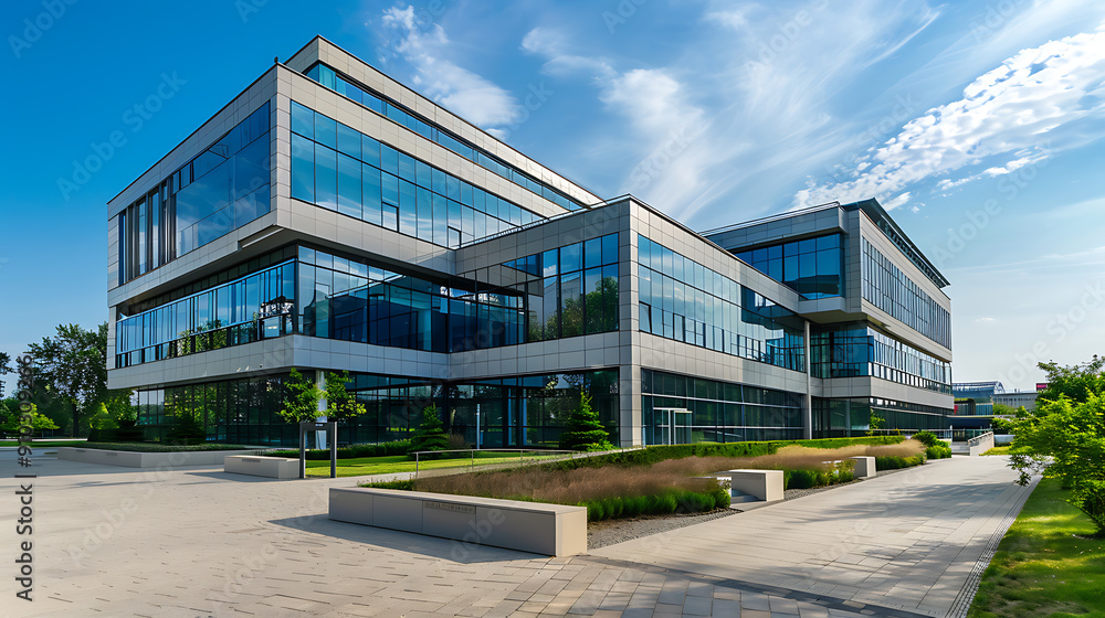 Fototapeta premium Modern glass building with blue sky, green grass, and gray concrete, showcasing contemporary architecture and urban development. 