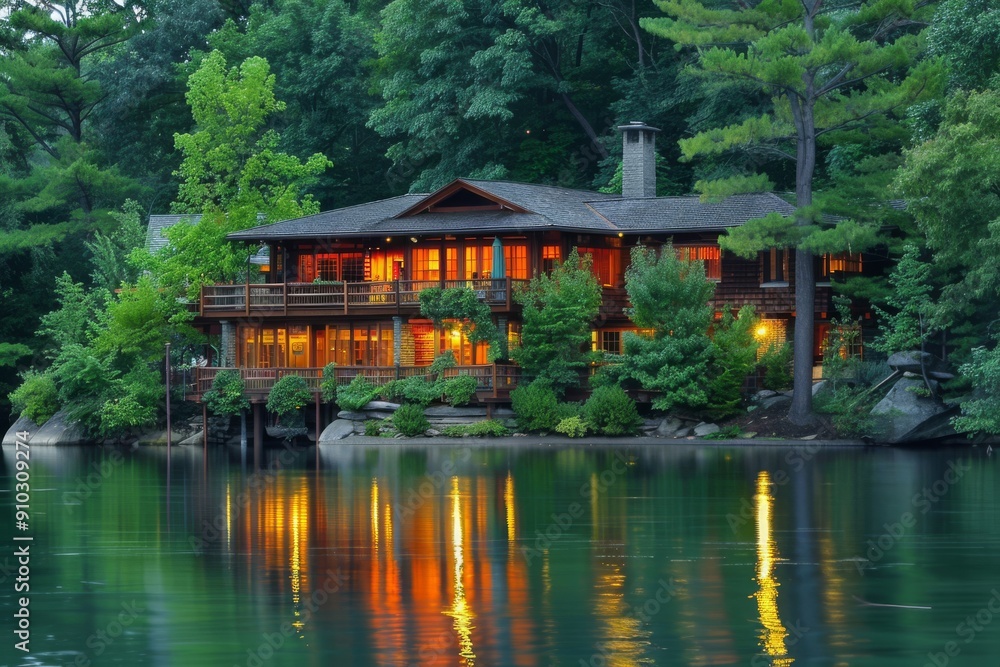 A lakeside house nestled among trees, Imagine the beauty of a serene lakeside retreat surrounded by lush forests., Ai generated A lakeside house nestled among trees, Imagine the beauty of a serene lakeside retreat surrounded by lush forests., Ai generated