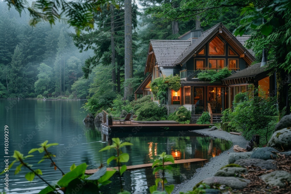 Imagine the beauty of a serene lakeside retreat surrounded by lush forests., Ai generated Imagine the beauty of a serene lakeside retreat surrounded by lush forests., Ai generated